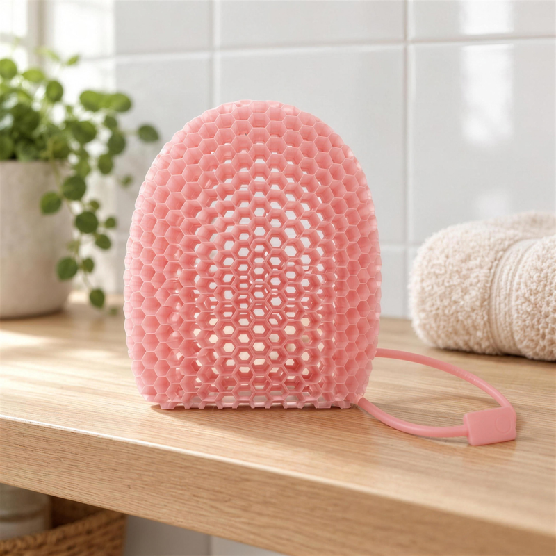 Rosa skrubbvante på badrumshyllan hemma