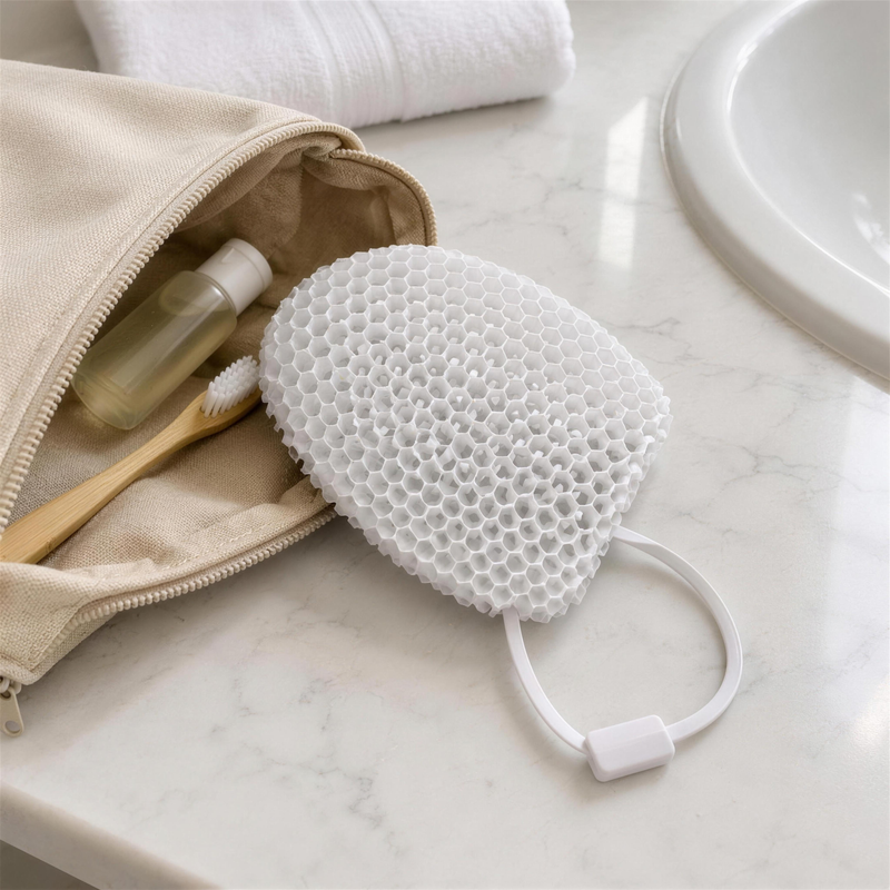 Vit skrubbvante i en necessär på hotellbadrummet