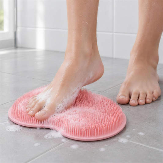 Fot som skrubbas mot rosa fotskrubb med tvål på duschgolvet