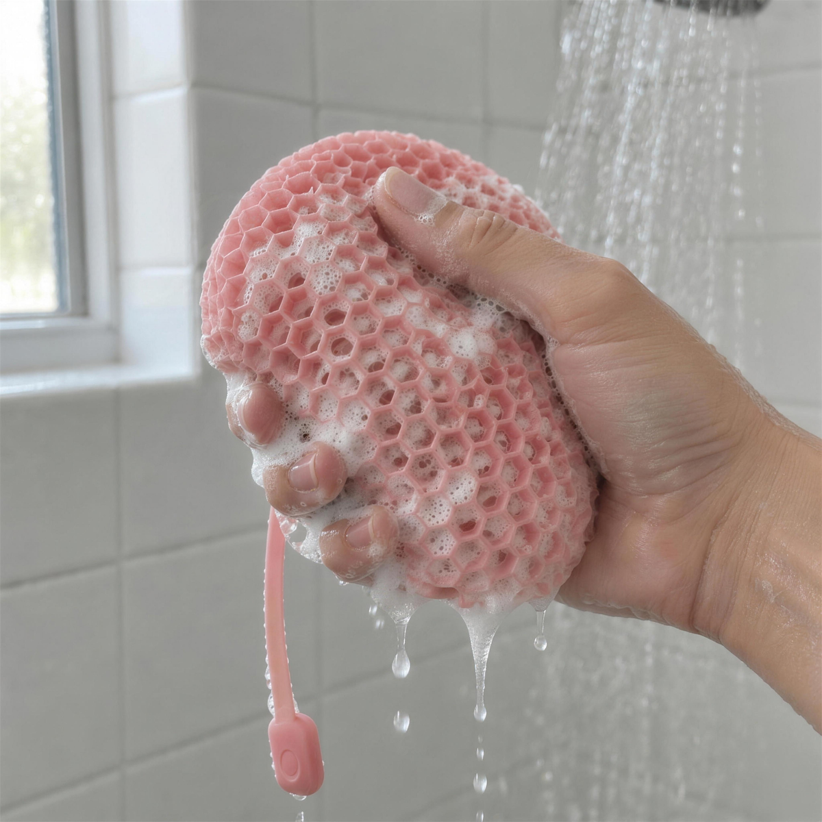 Hand som kramar en rosa skrubbvante full med lödder under duschen