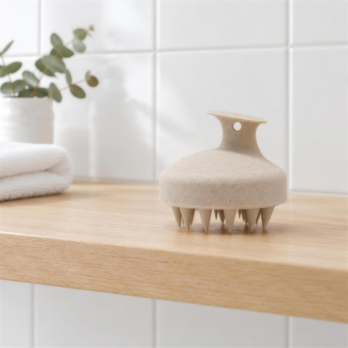 Beige hårbottenborste på en hylla i ljust trä i ett ljust badrum